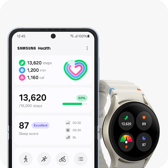 A Galaxy Watch7 displays daily activity progress and the paired Samsung Galaxy smartphone displays the detailed activity stats including hours of sleep, steps and burned calories within Samsung Health app.